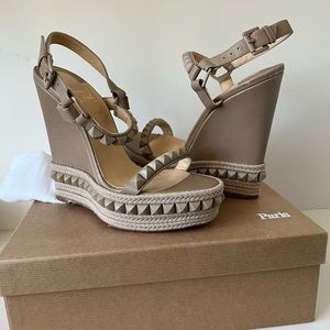 Christian Louboutin Cataclou Studded Wedge Sandals Nude